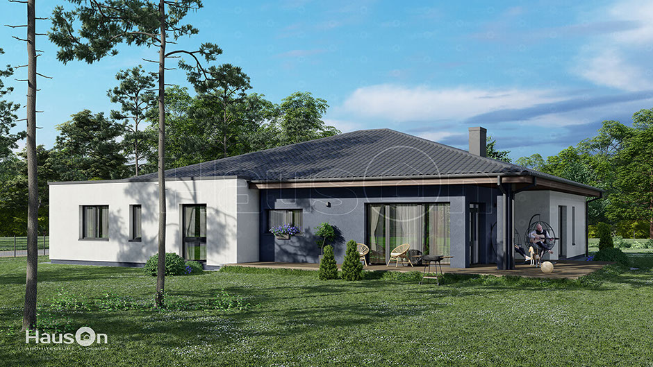 Namų projektai, namo projektas Velas, kartotiniai namu projektai - Hauson.lt, vieno auksto namas su terasa, modernus namas